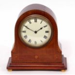 Mid-20th century mahogany and boxwood line inlaid mantel timepiece, the arched case on shaped