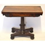 Late 18th century rosewood fold-top card table, moulded pedestal on a quadruped base, 91cm wide