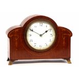 Mid-20th century mahogany and inlaid mantel timepiece, the shaped case with inlaid foliate detail