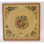 Early Victorian wool work panel dated 1837, further embroidered "God protect Queen Victoria,