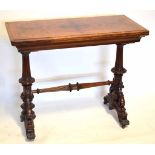 Victorian walnut rectangular fold top card table raised on fluted and moulded supports joined by a