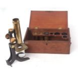 Late 19th century patinated and lacquered brass monocular microscope, C Collins, Optician - 157 Gt