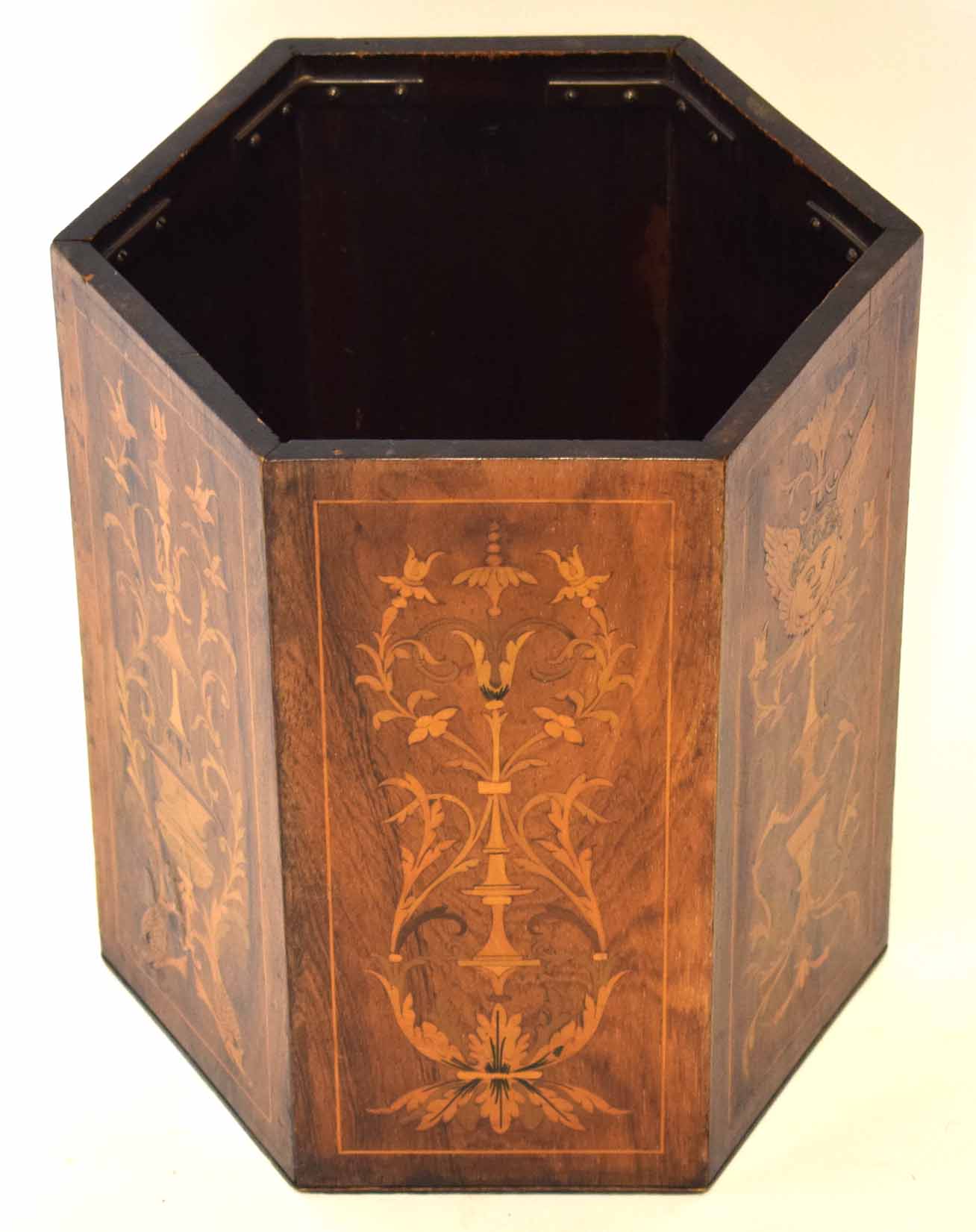 Edwardian wooden container, the six sided shape with marquetry decoration to each side in Regency