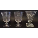 Glass goblet with an engraved monogram and ploughing design, together with two other glasses, one