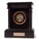 Late 19th century French black slate mantel clock, the plinth shaped case with stepped pediment