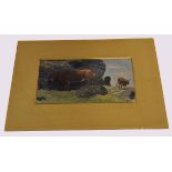 Unsigned oil on board, Cows in a landscape, 13 x 23cm, mounted but unframed