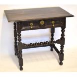 17th century and later ebonised oak side table, plain top over a single full width panelled drawer