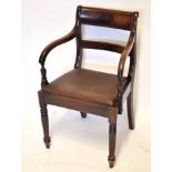 19th century mahogany bar back carver chair, drop in seat, plain apron, tapering ring turned