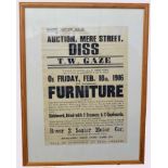 Two local auction posters for T W Gaze, Diss advertising furniture and effects, both in wooden