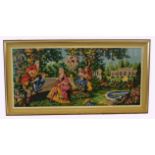 Large French wool work picture of 18th century figures in a garden scene within rectangular wooden