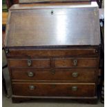 18th century oak bureau, fall front enclosing partially fitted interior with well over two short and