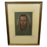 Timothy Easten, signed and dated 1969, chalk drawing, Head and shoulders portrait of a hooded man,