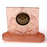 Early 20th century frosted pink glass bedroom timepiece, square section case depicting two