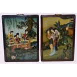 Pair of Oriental watercolours of ladies in a garden setting, within wooden frames, 58cm high