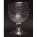 Early 20th century cut bowled goblet, diamond point engraved with a fishing scene (probably engraved