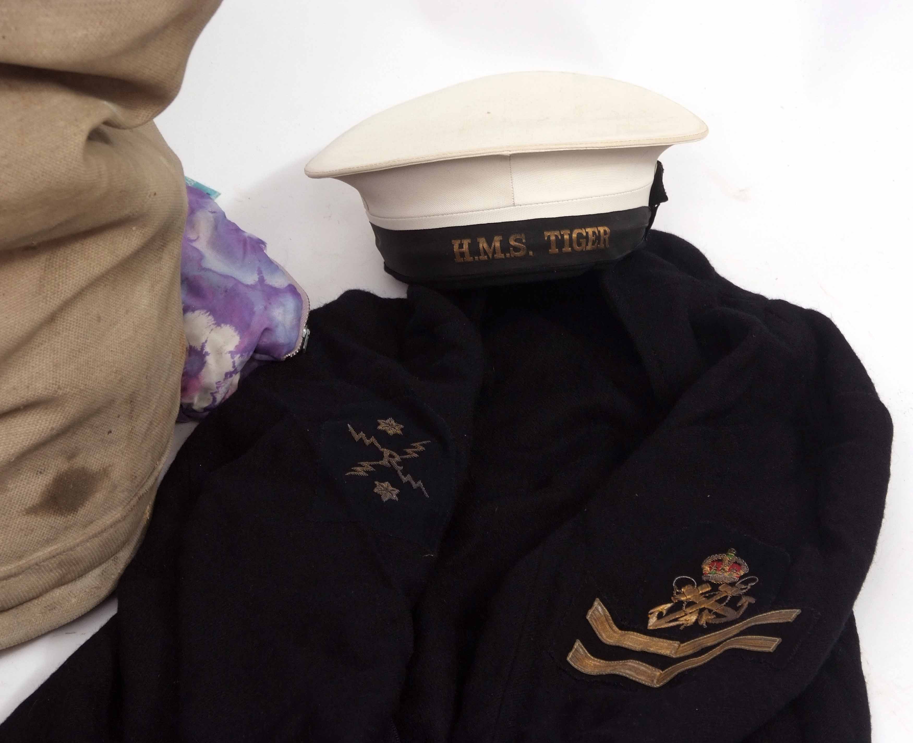 Mid-20th century Royal Naval kitbag and contents comprising a white Naval cap with band to HMS Tiger - Image 2 of 2