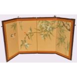 Small Oriental four-section screen in wooden frame with watercolour decoration of birds in branches,