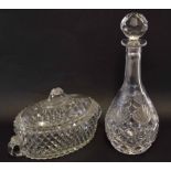 Cut glass decanter and stopper with floral design, together with a glass tureen and cover, the