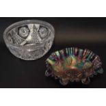 Carnival glass bowl together with a cut glass bowl with star design, largest 21cm