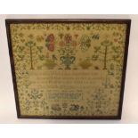 Susan Williamson, silk needlework sampler dated 1847, embroidered with butterflies, trees, vase of