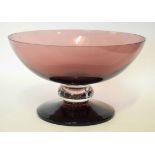 Purple Art glass bowl on pedestal foot, 22cm diam
