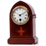 Mahogany and boxwood line inlaid mantel timepiece, the lancet shaped case with side handles on a