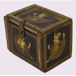 Unusual Mogul type small novelty box, fall front enclosing an interior of drawers, painted all round