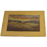 Unsigned oil on board, Sheep in a landscape, 13 x 22cm, mounted but unframed