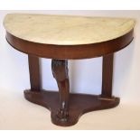 Victorian marble top demi-lune mahogany wash stand, 90cm wide