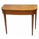 Early 19th century satinwood cross-banded demi-lune fold top card table, raised on tapering square