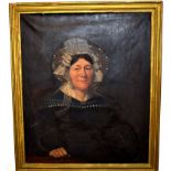 19th century English school, oil on canvas, Head and shoulders portrait of a lady wearing lace