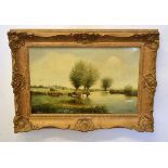 W H Simm, signed oil on canvas, River landscape with cattle, 23 x 36cms (a/f)