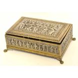 Indian white metal casket on four paw feet with various Hindu deities modelled in relief to the