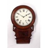 Late 19th century walnut and inlaid drop dial wall clock, the bevelled surround over carved and