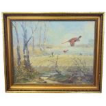 D Hutchinson, signed and dated 81, oil on board, Landscape with pheasant in flight, 39 x 49cm