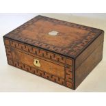 Victorian ebonised walnut parquetry embroidery box, partially fitted interior with various