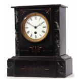 Late 19th century black and green variegated marble mounted mantel timepiece, the plinth shaped case