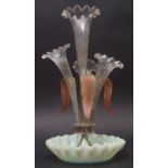 Victorian Vaseline tinted glass epergne, the central clear flute flanked by three others