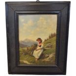 Franz Ruben (1842-1920, German), signed oil on panel, Lady in mountain landscape, 42 x 31cm,