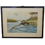 Boris O'Klein, signed watercolour, Fishing scene, together with two further signed coloured etchings