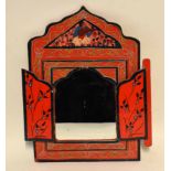 Indian hand painted framed wall mirror with two folding doors, overall size 40 x 26cm