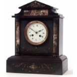 Late 19th century black and variegated marble mantel clock, the architectural case with Palladian