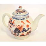 18th century Lowestoft porcelain tea pot and cover, decorated in blue and iron red enamels with