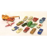 Collection of Dinky toys and other models including an aeroplane and a crane with lifting gear