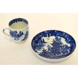 Lowestoft porcelain cup and saucer, both with the temple pattern printed design, the saucer 12cm