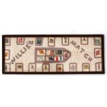 Framed collection of cigarette card sewn onto a cotton background and detailed Willie's Match in a