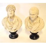Pair of reproduction head and shoulders busts of Brutus and Lucius Verus, each on marble bases, 29cm
