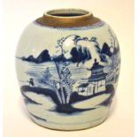 Large Chinese porcelain jar, the ovoid body painted in underglaze blue with house and tree design,