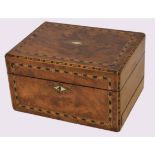 Walnut vanity box, the interior with silver plated mounted fittings, plush lined inner lid and