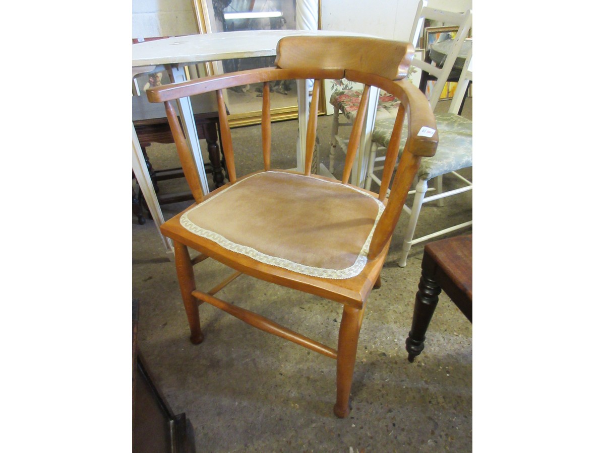 BEECHWOOD FRAMED CAPTAIN~S TYPE CHAIR WITH SPINDLE BACK AND UPHOLSTERED SEAT